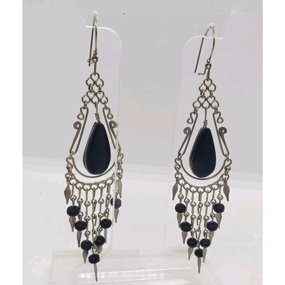 Vintage Silver Onyx Handmade Boho Southwest Native Dangle Drop Earrings - Picture 2 of 10